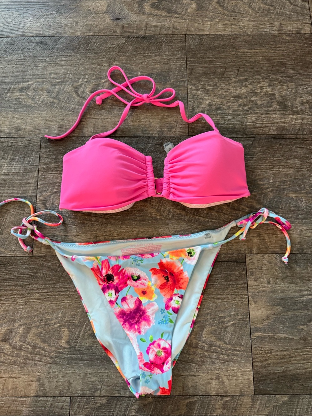 Victoria's Secret Hot Pink Bikini with Floral Tie-Side Bottoms